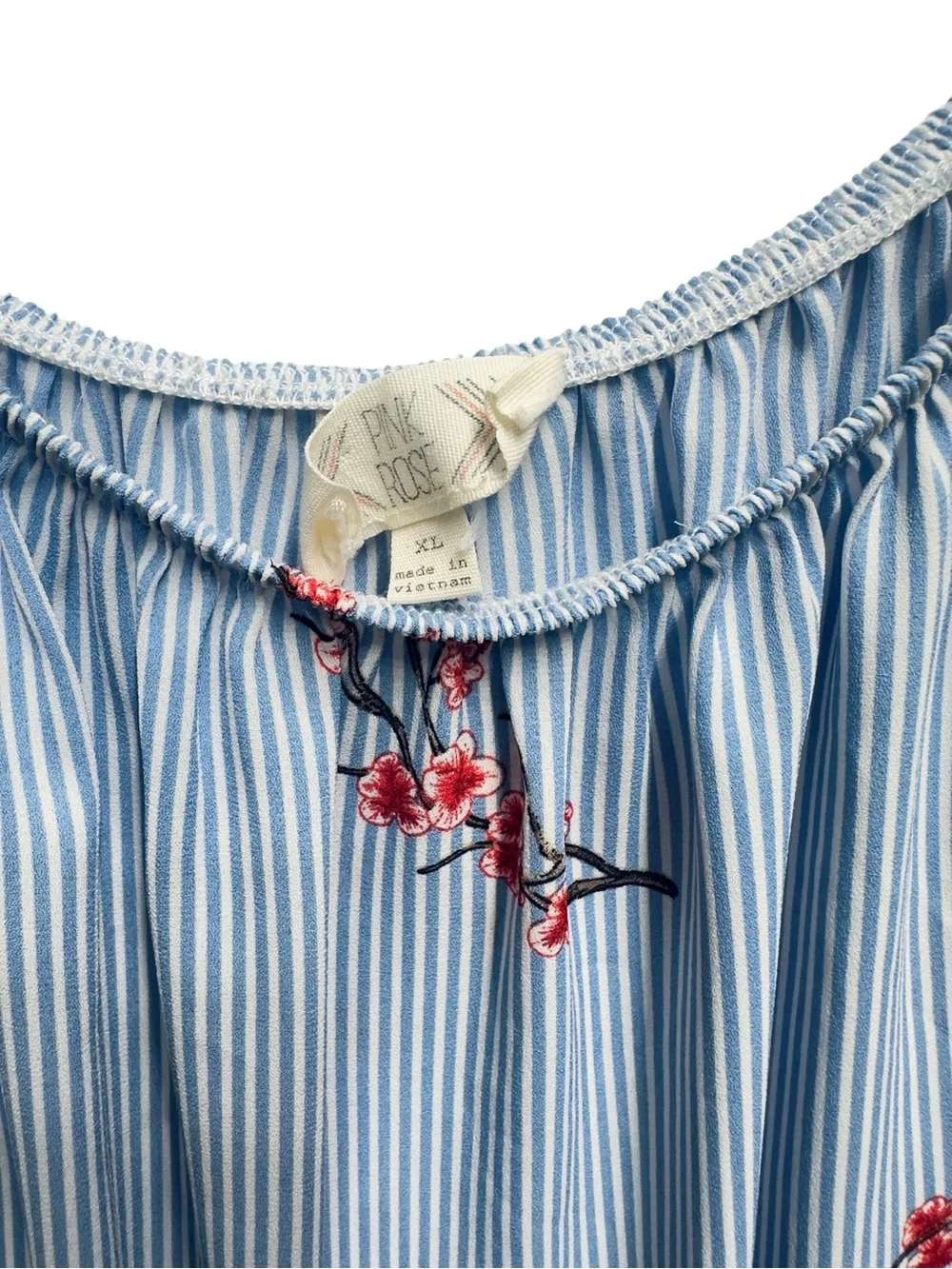 Satin Knit Pinstripe Floral Vines Off Shoulder Blouse Top